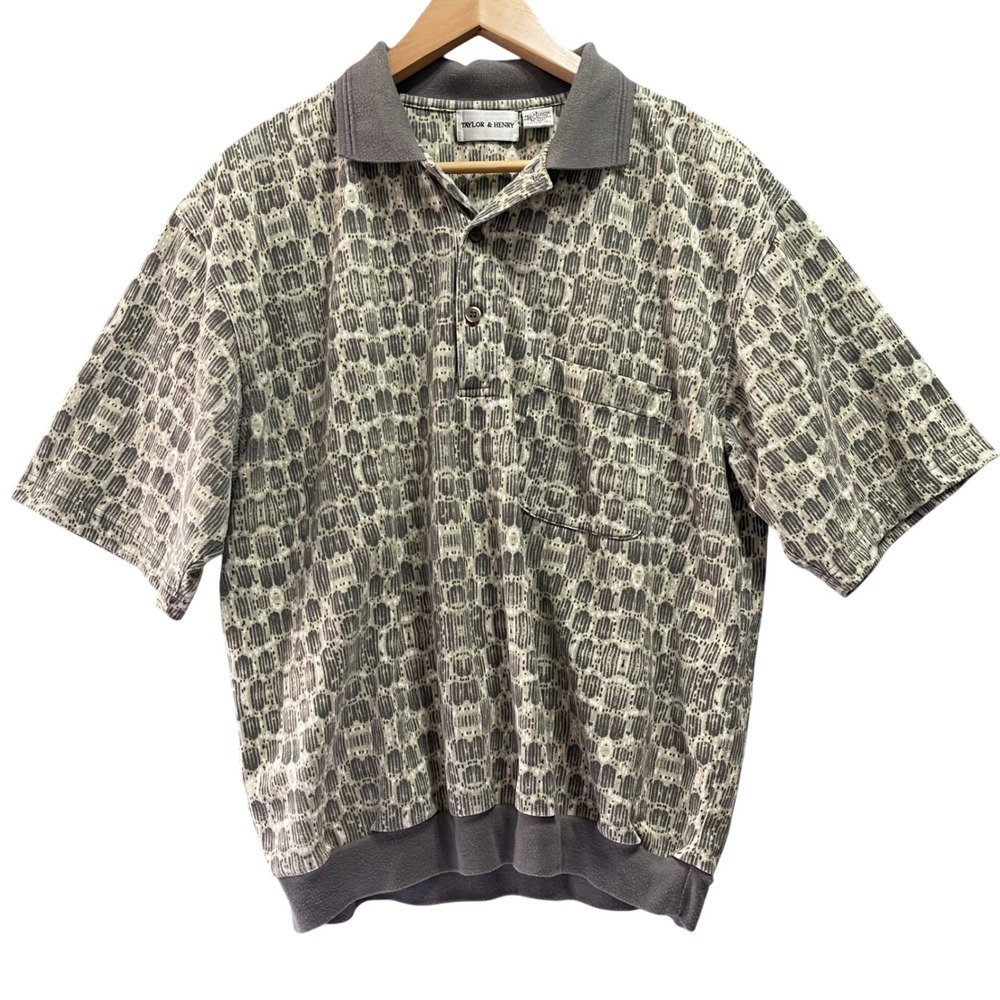 Vintage Taylor & Henry Polo Shirt Men L Grey Geometric Knit Banded Hem Retro 90s